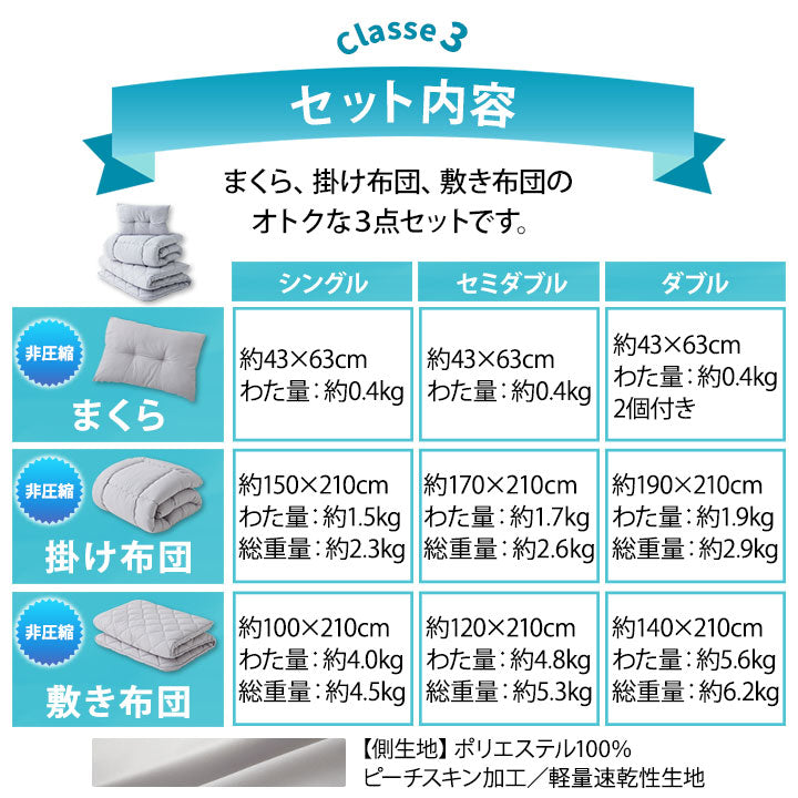 日本製 布団3点セット シングル セミダブル （掛け布団・敷き布団・枕） 布団4点セット ダブル （掛け布団・敷き布団・枕×2） 抗菌 防臭 防ダニ 掛け敷き枕 組布団 非圧縮
