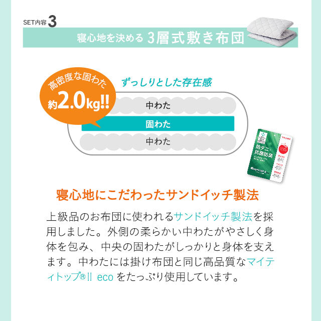 日本製 布団6点セット シングル （掛け布団・敷き布団・枕・掛け布団カバー・敷き布団カバー・枕カバー） 抗菌 防臭 防ダニ 掛け敷き枕 組布団 カバー付き 非圧縮