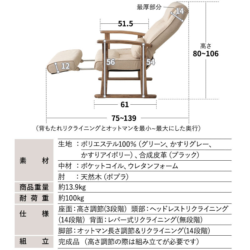 ポケットコイル 高座椅子 「かなた」 調節できるオットマン付き 無段階