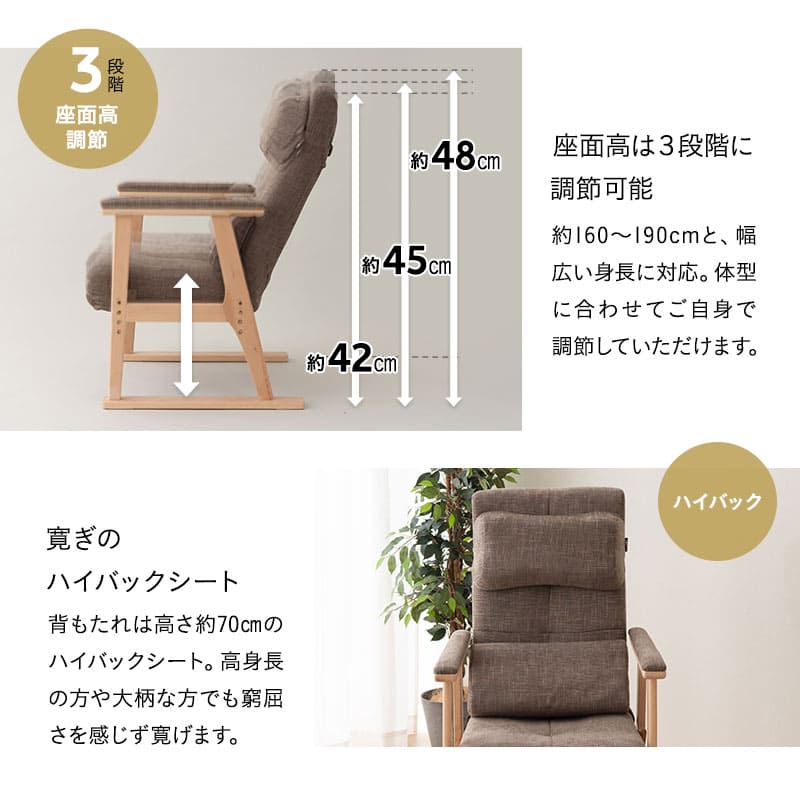 背もたれにこだわった 高座椅子 「あかり」 オットマンスツール 2点セット 可動式クッション付き リクライニングチェア 座面高調節 無段階リクライニング 腰痛対策 完成品 ショールーム体験可