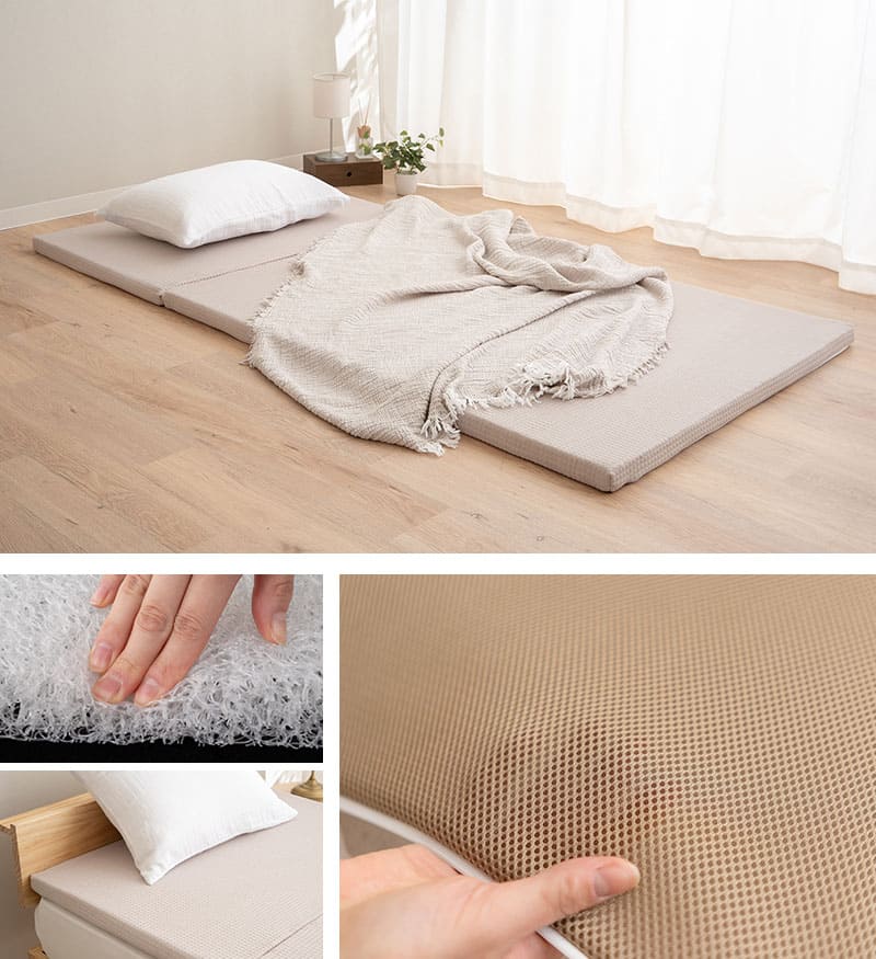 3Dマット 三つ折りマットレス シングルサイズ ベージュ 三つ折りマットレス シングル 3D構造体 高反発 ファイバー