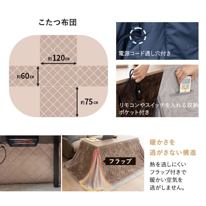 こたつテーブル＋こたつ掛け布団 セット 長方形 幅120cm ハイタイプ 省スペースデザイン