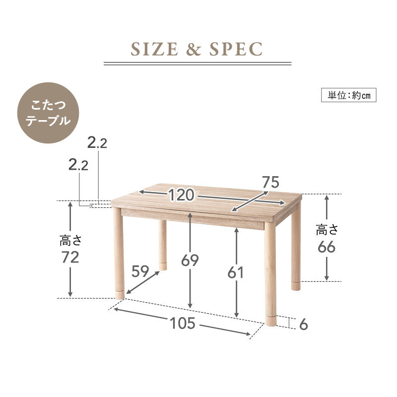 こたつセット 幅120cm 長方形 ダイニング用 こたつ テーブル 布団