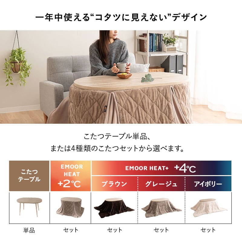 こたつテーブル＋こたつ掛け布団 セット ハイタイプ 幅105cm オーバル