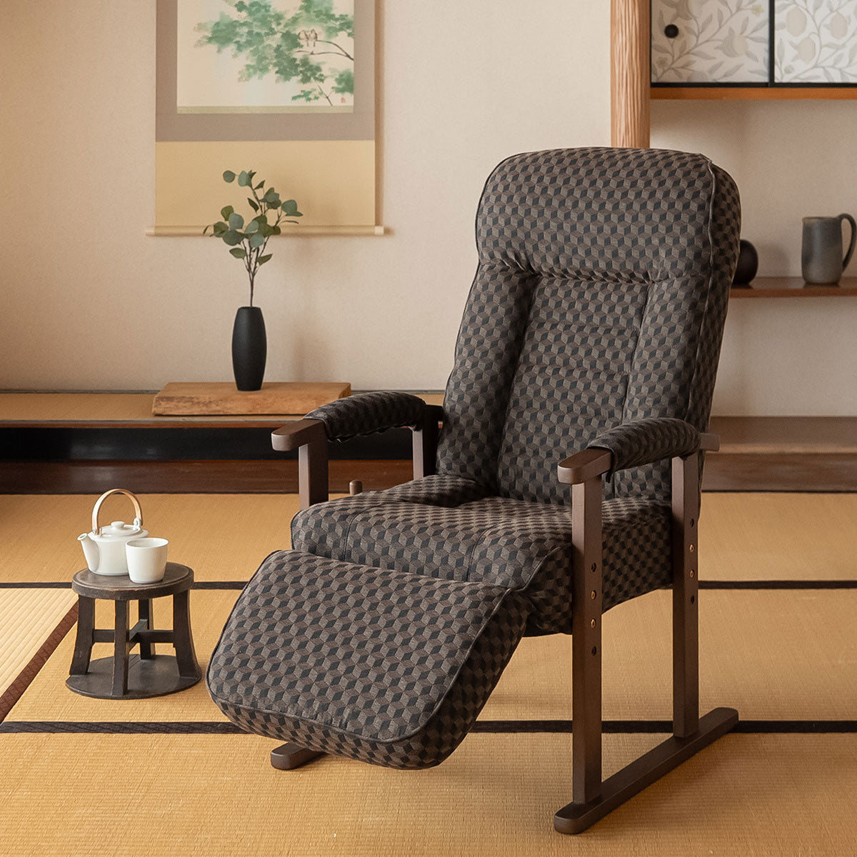 オットマン付き 高座椅子 「ゆるり」 高さ調節可能 リクライニング レバー式 一人用 ハイバック 肘付き