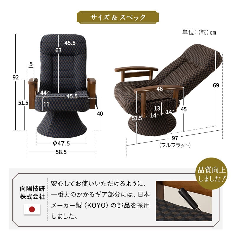 360度回転 高座椅子 「ゆるり」 レバー式 リクライニングチェア ハイバック 肘付き サイドポケット付き 旅館 和モダン