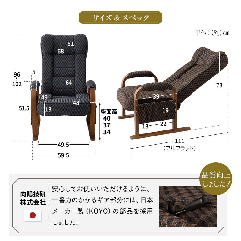 和モダン 高座椅子 ゆるり リクライニング レバー式 ハイバック 座面高