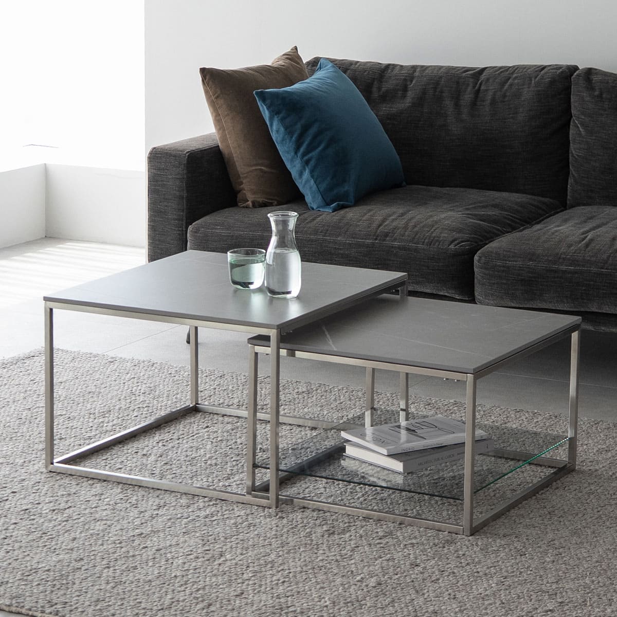 ネストテーブル 幅60cm 正方形 角型 四角 セラミック 石目調