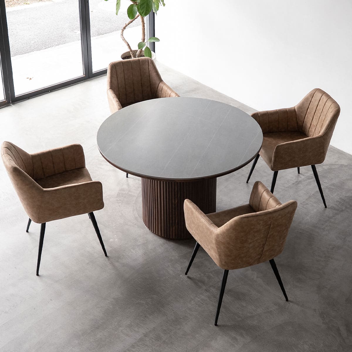 ダイニング5点セット ダイニングテーブルセット (ラウンドテーブル＋ファブレザーチェア4脚) 直径114cm セラミック 円形 ラウンド 食卓用 石目調 ストーン調 木目調 レザー調 4人掛け