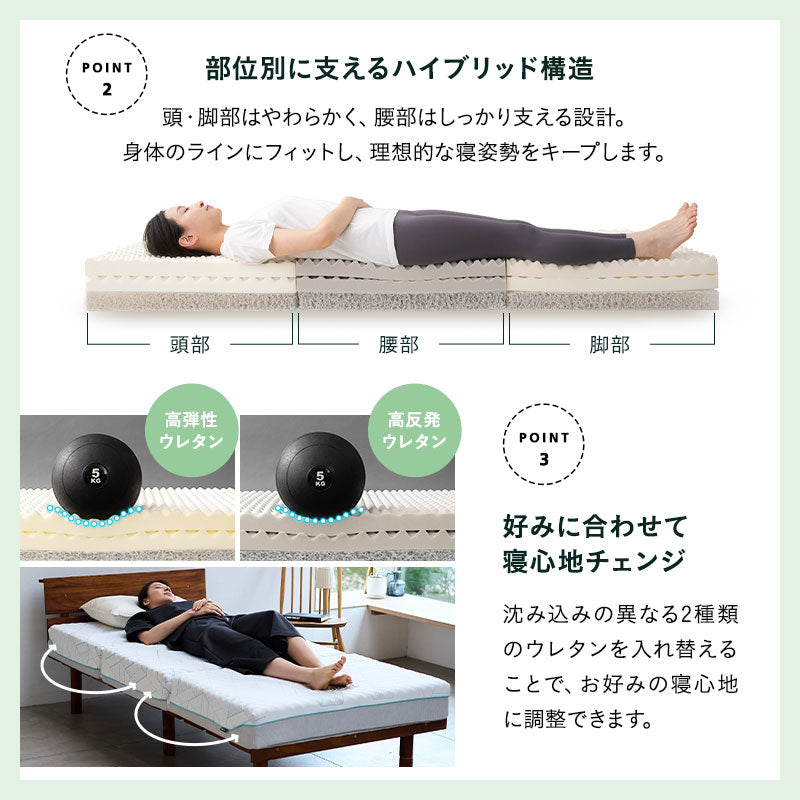 すのこベッド OSMOS PLUS 三つ折りマットレス 2点セット シングルサイズ ヘッドボード付き コンセント付き 木製 天然木 ベッドフレーム ハイクラスマットレス 3つ折りマットレス 折りたたみマットレス 狭小住宅 来客用