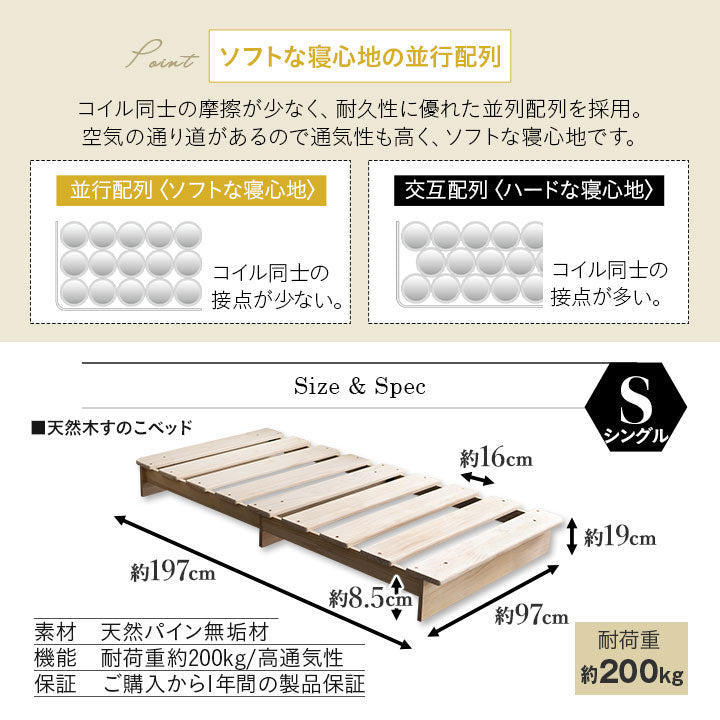 天然木すのこベッド ポケットコイルマットレス 2点セット シングルサイズ ( KAN SUNOKO BED / EMOOR GRAND POCKET COIL MATTRESS )