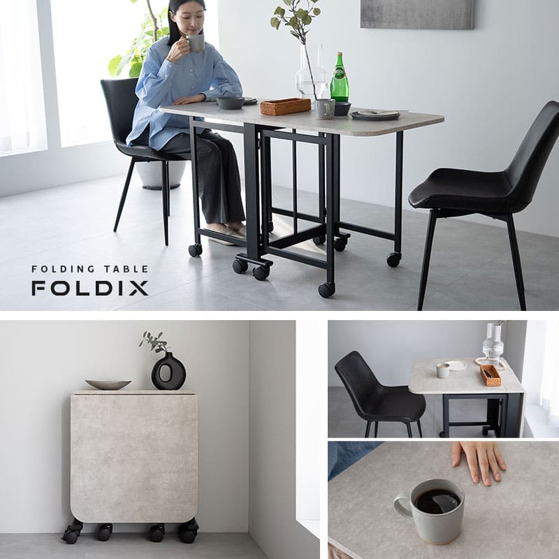 折りたたみダイニングテーブル グレー 折りたたみテーブル 幅130cm 完成品 キャスター付き 長方形 角型